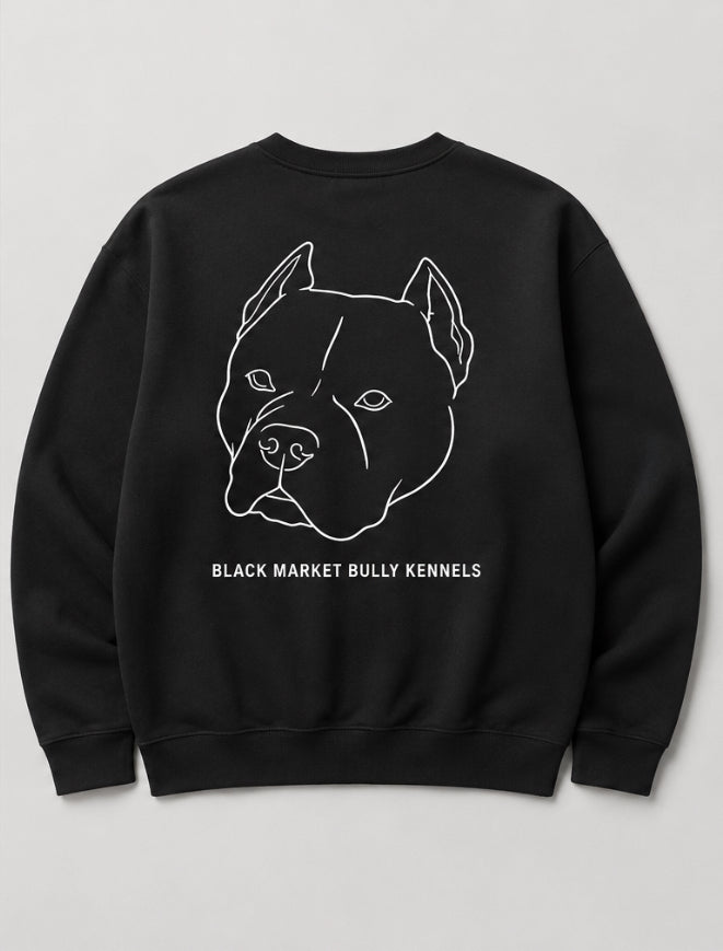 Black sweatshirt with a dog illustration and 'Black Market Bully Kennels' text on a light gray background